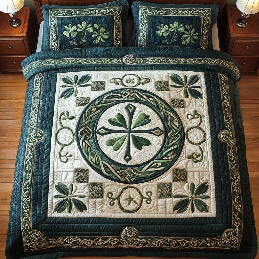 Irish Heritage quilted 3-piece bedding set on a made bed in a farmhouse bedroom