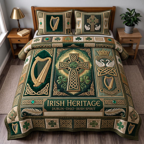 Irish Legacy quilted 3-piece bedding set on a made bed with two matching pillow shams