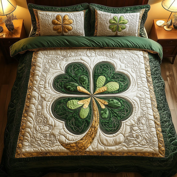 Irish Lucky Charm quilted 3-piece bedding set on a made bed with two matching pillow shams