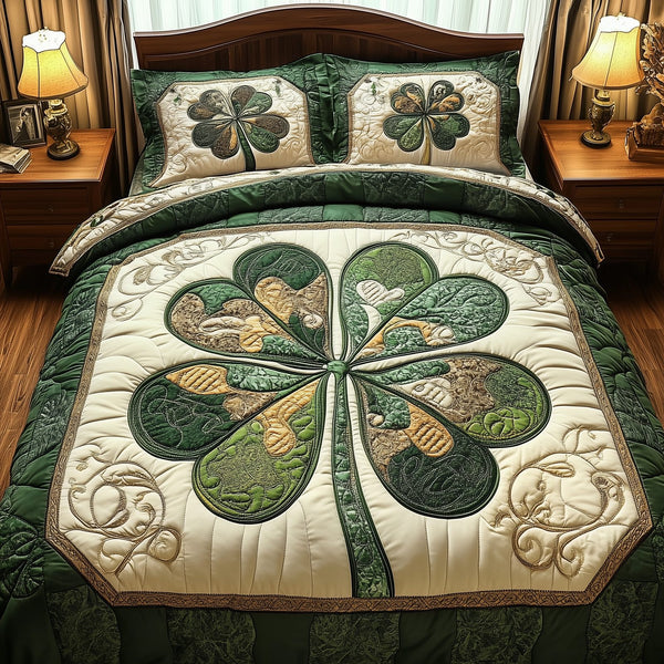 Irish Lucky Charm quilted 3-piece bedding set on a made bed with two matching pillow shams