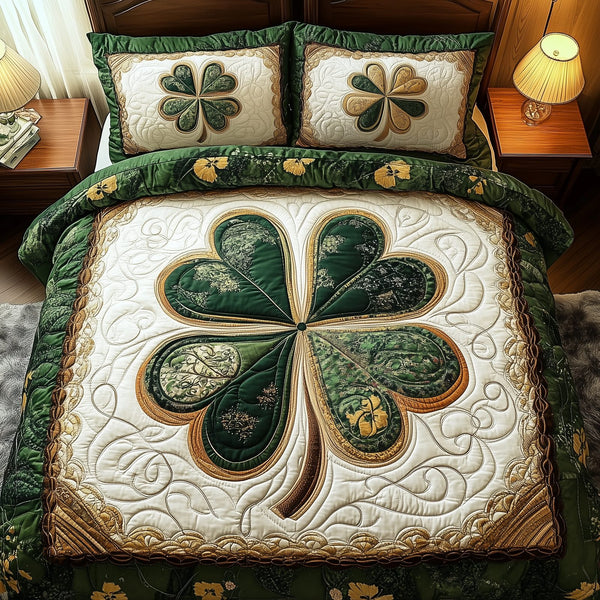 Irish Lucky Charm quilted 3-piece bedding set on a made bed with two matching pillow shams