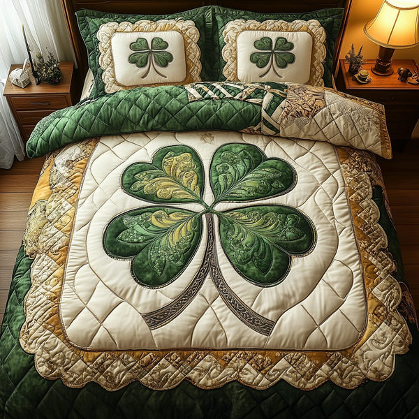 Irish Lucky Charm quilted 3-piece bedding set on a made bed with two matching pillow shams