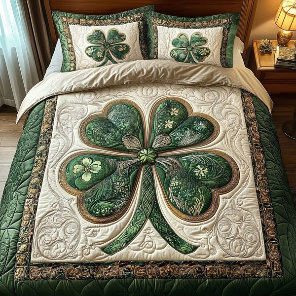 Irish Lucky Charm quilted 3-piece bedding set on a made bed with two matching pillow shams