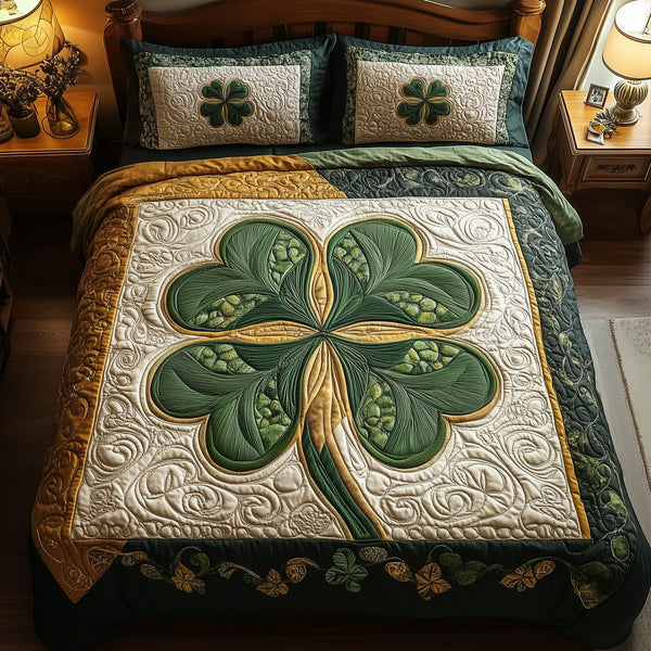 Irish Lucky Charm quilted 3-piece bedding set on a made bed with two matching pillow shams