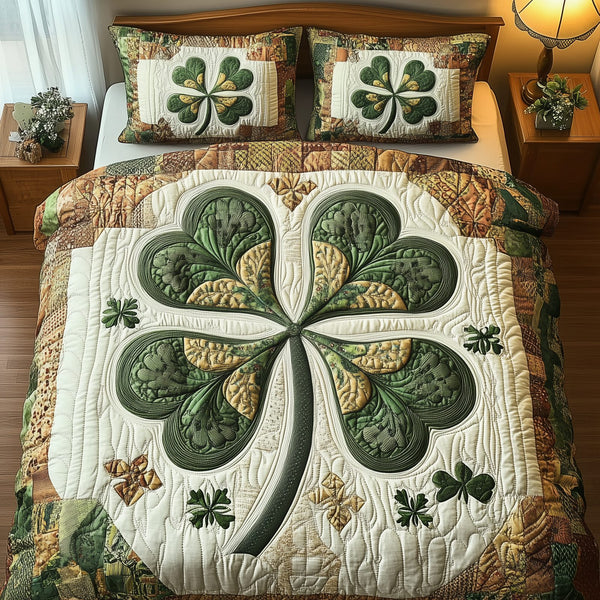 Irish Lucky Charm quilted 3-piece bedding set on a made bed with two matching pillow shams