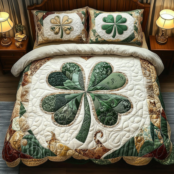 Irish Lucky Charm quilted 3-piece bedding set on a made bed with two matching pillow shams