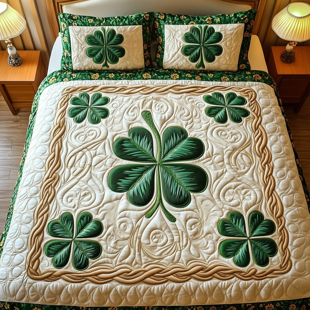 Irish Shamrock quilted 3-piece bedding set on a made bed with two matching pillow shams