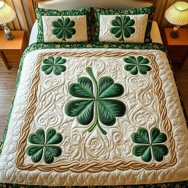 Irish Shamrock quilted 3-piece bedding set on a made bed with two matching pillow shams