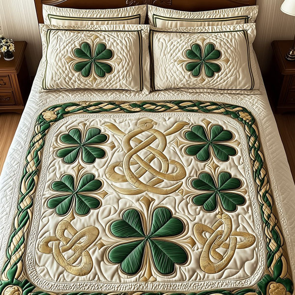 Irish Shamrock quilted 3-piece bedding set on a made bed with two matching pillow shams