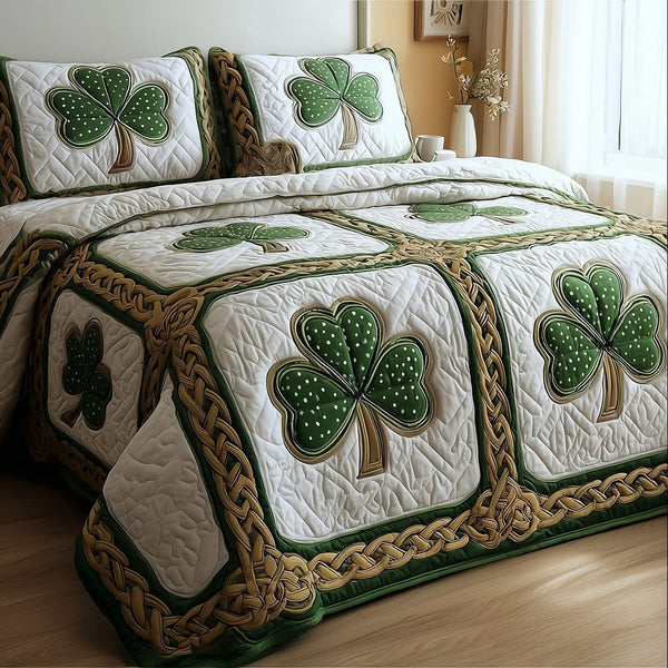 Irish Shamrock quilted 3-piece bedding set on a made bed with two matching pillow shams