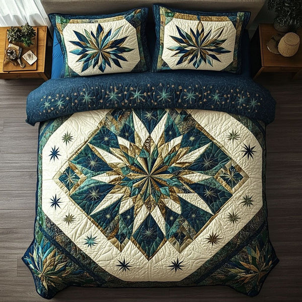 Irish Star Shine quilted 3-piece bedding set on a made bed with two matching pillow shams