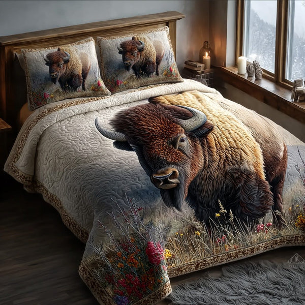 Iron Hooves quilted 3-piece bedding set on a made bed with two matching pillow shams