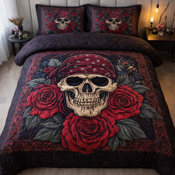 Iron Rose Skull quilted 3-piece bedding set on a made bed against a dark styled interior