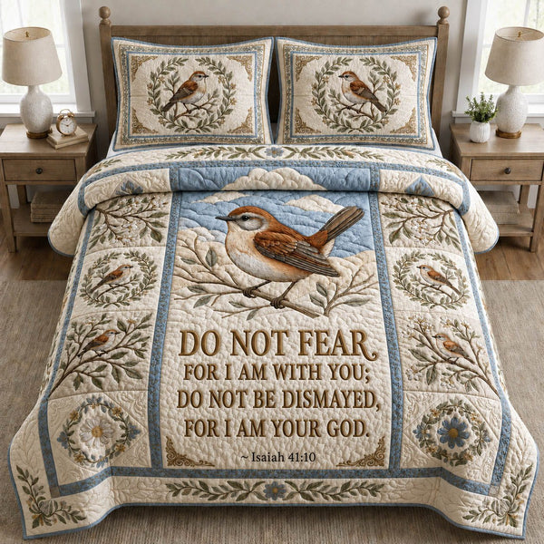 Isaiah 41 10 Garden Sparrow quilted 3-piece bedding set on a made bed with two matching pillow shams