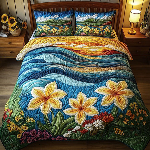 Island Bliss quilted 3-piece bedding set on a made bed in a light coastal bedroom