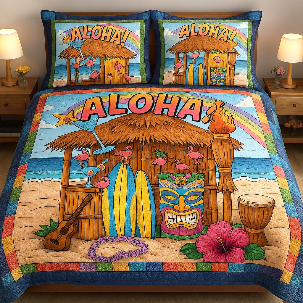 Island Bliss quilted 3-piece bedding set on a made bed in a light coastal bedroom