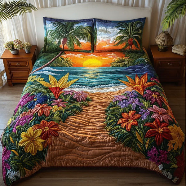 Island Bliss Retreat quilted 3-piece bedding set on a made bed in a light coastal bedroom