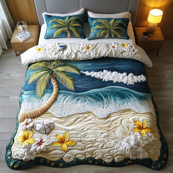 Island Bloom quilted 3-piece bedding set on a made bed in a light coastal bedroom