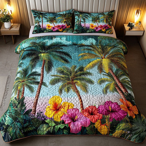 Island Bloom quilted 3-piece bedding set on a made bed in a light coastal bedroom