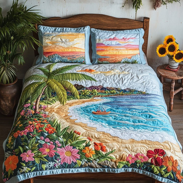 Island Bloom quilted 3-piece bedding set on a made bed in a light coastal bedroom