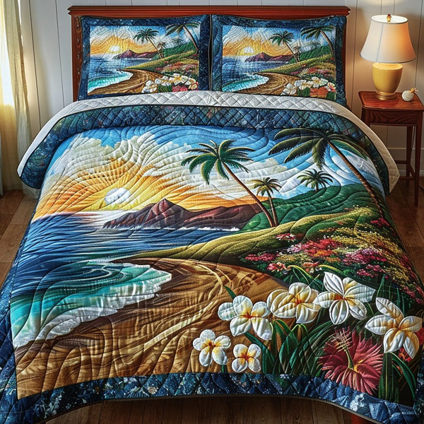 Island Breeze quilted 3-piece bedding set on a made bed in a light coastal bedroom