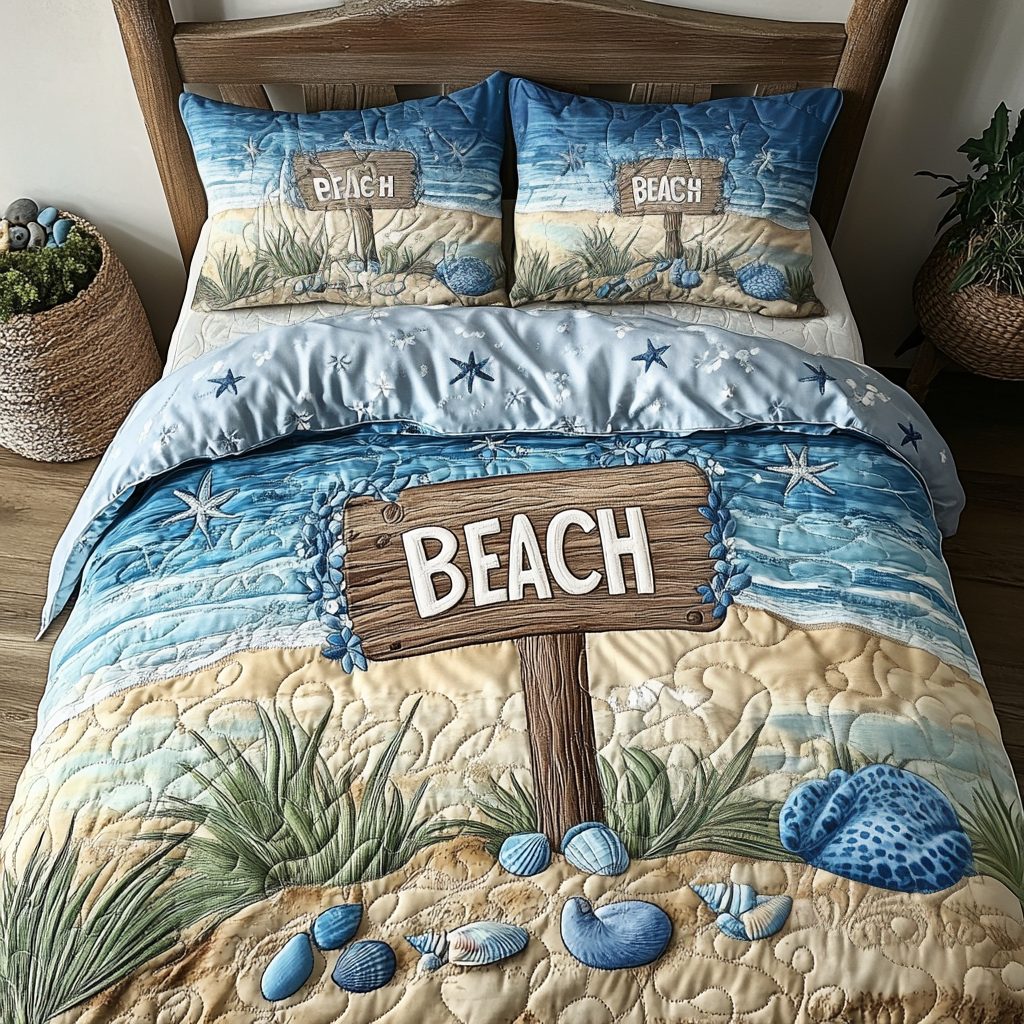 Island Breeze quilted 3-piece bedding set on a made bed in a light coastal bedroom