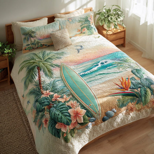 Island Breeze quilted 3-piece bedding set on a made bed in a light coastal bedroom