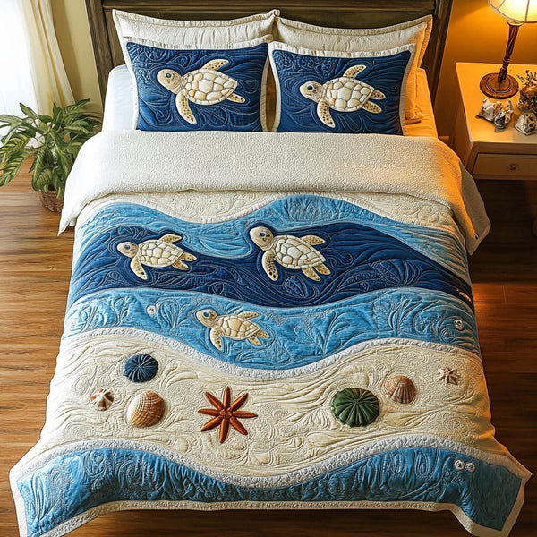 Island Calm quilted 3-piece bedding set on a made bed in a light coastal bedroom