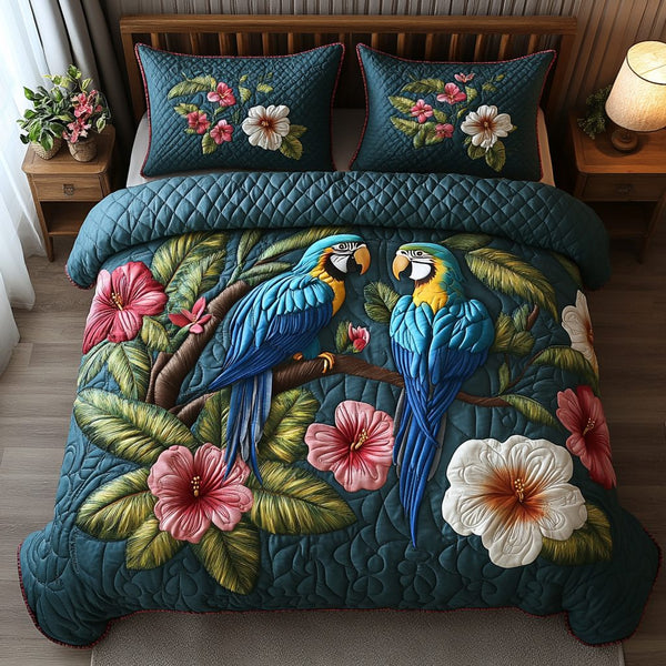 Island Chatter quilted 3-piece bedding set on a made bed in a light coastal bedroom
