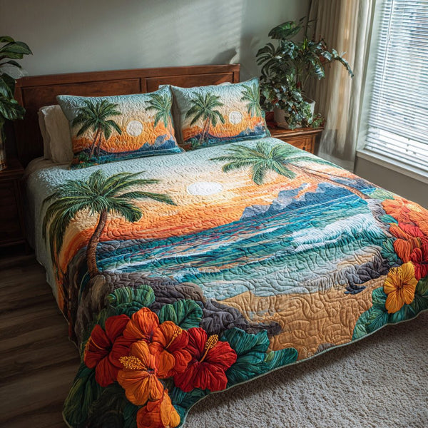 Island Dawn quilted 3-piece bedding set on a made bed in a light coastal bedroom