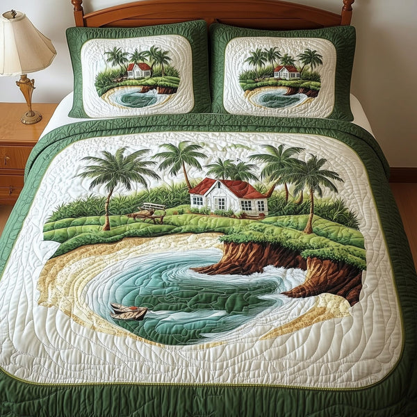 Island Dream quilted 3-piece bedding set on a made bed in a light coastal bedroom