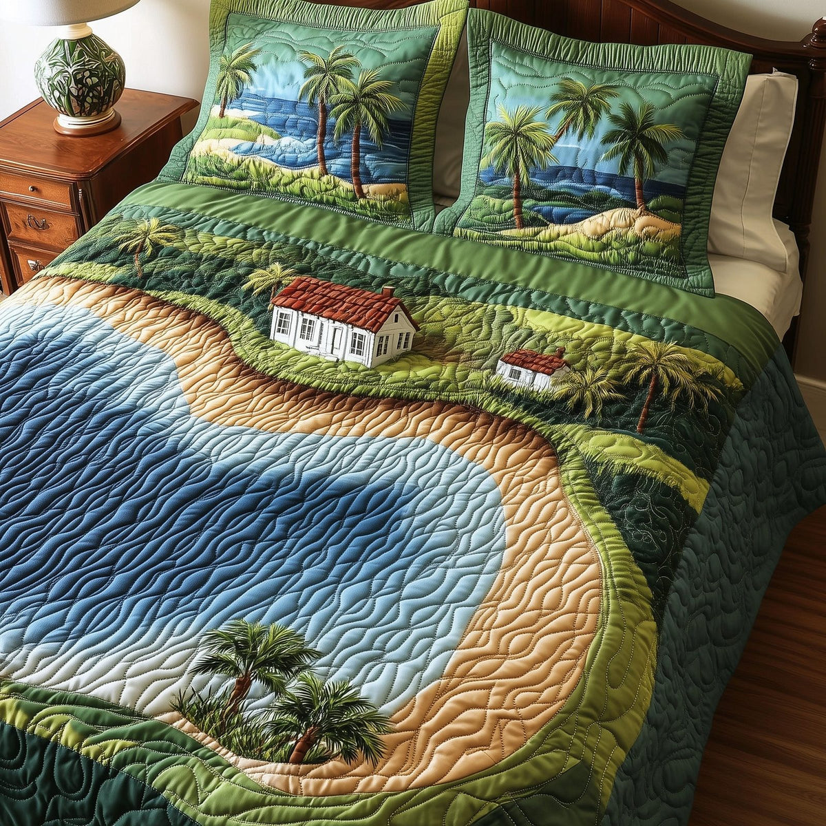 Island Dream quilted 3-piece bedding set on a made bed in a light coastal bedroom