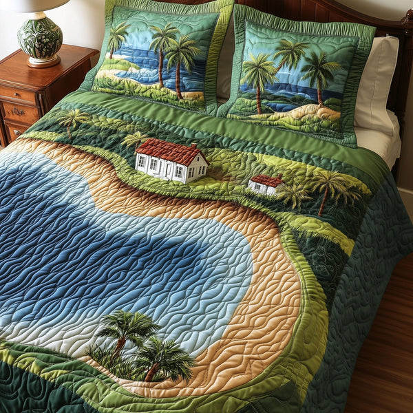 Island Dream quilted 3-piece bedding set on a made bed in a light coastal bedroom