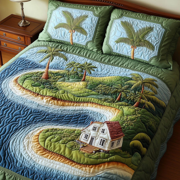 Island Dream quilted 3-piece bedding set on a made bed in a light coastal bedroom