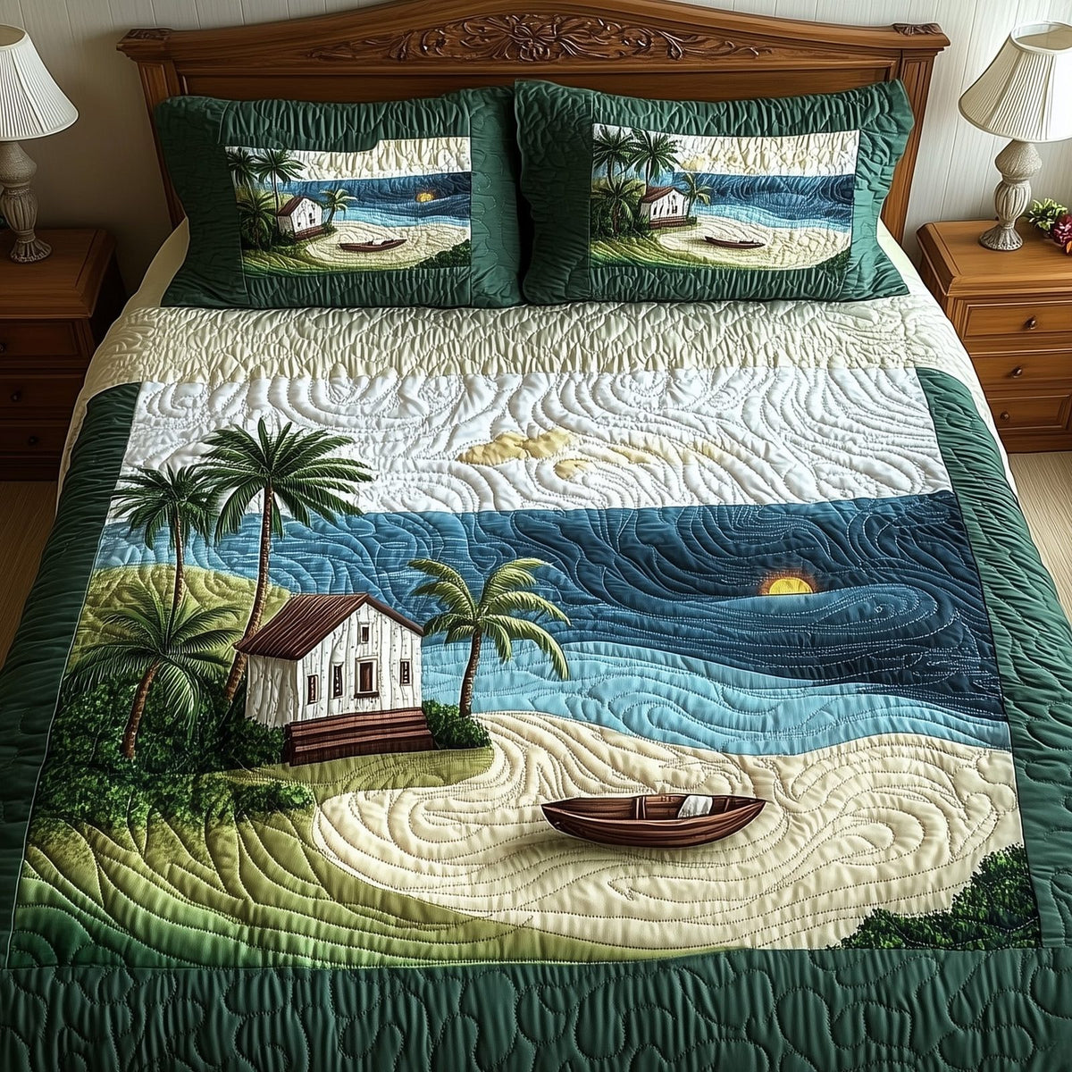 Island Dream quilted 3-piece bedding set on a made bed in a light coastal bedroom