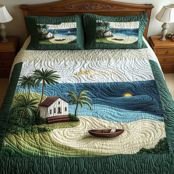 Island Dream quilted 3-piece bedding set on a made bed in a light coastal bedroom