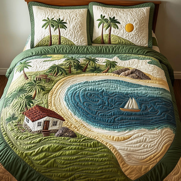 Island Dream quilted 3-piece bedding set on a made bed in a light coastal bedroom