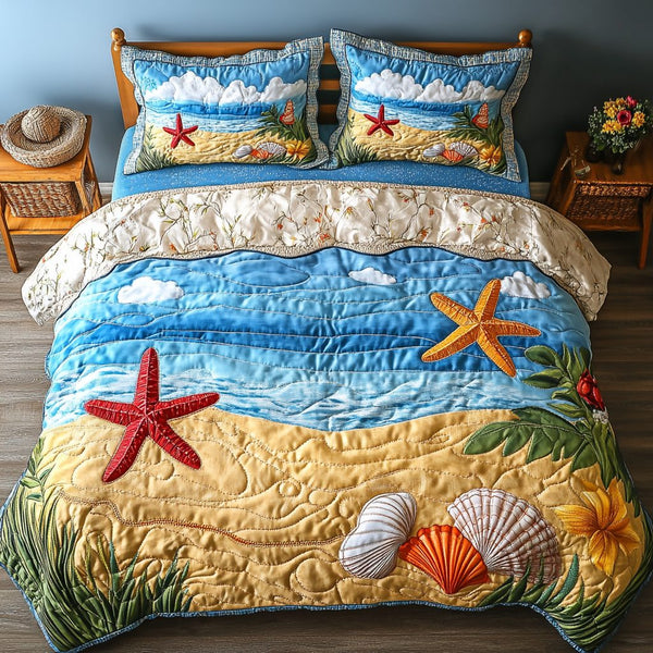 Island Dream quilted 3-piece bedding set on a made bed in a light coastal bedroom