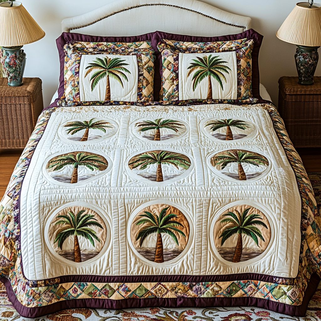 Island Dreams quilted 3-piece bedding set on a made bed in a light coastal bedroom