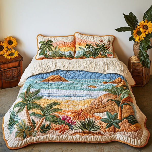 Island Dreams quilted 3-piece bedding set on a made bed in a light coastal bedroom