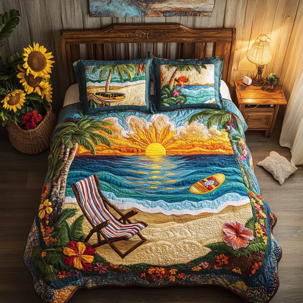 Island Dreams quilted 3-piece bedding set on a made bed in a light coastal bedroom