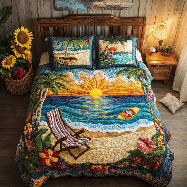 Island Dreams quilted 3-piece bedding set on a made bed in a light coastal bedroom