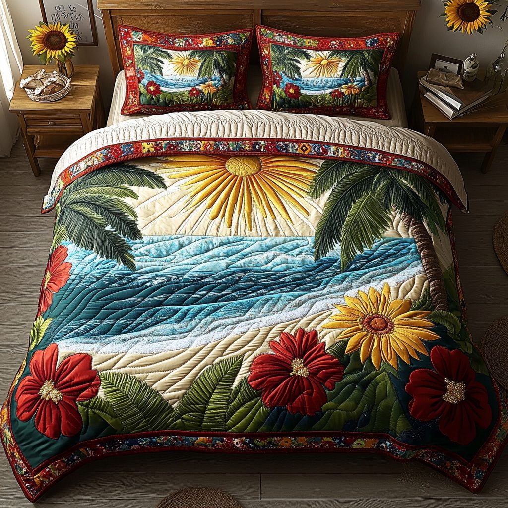 Island Dreams quilted 3-piece bedding set on a made bed in a light coastal bedroom
