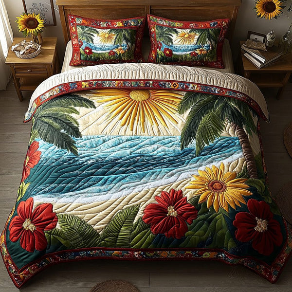 Island Dreams quilted 3-piece bedding set on a made bed in a light coastal bedroom
