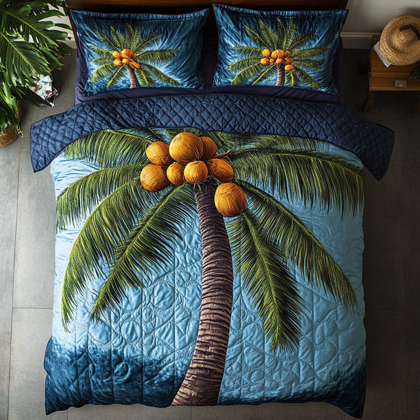 Island Dreamscape quilted 3-piece bedding set on a made bed in a light coastal bedroom