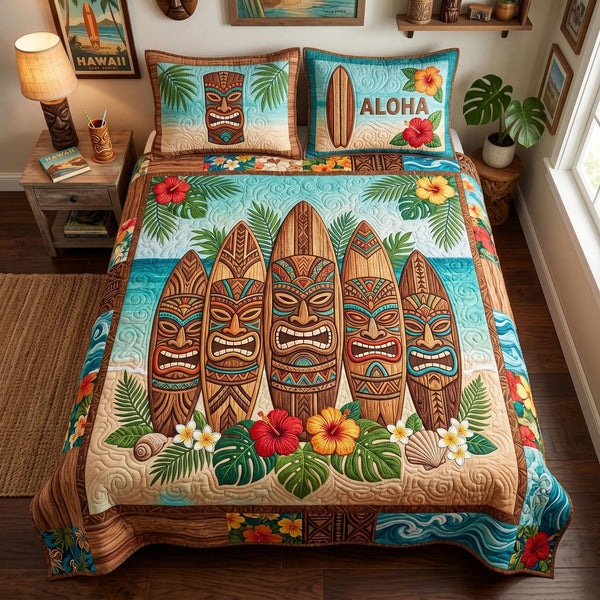 Island Energy quilted 3-piece bedding set on a made bed in a light coastal bedroom