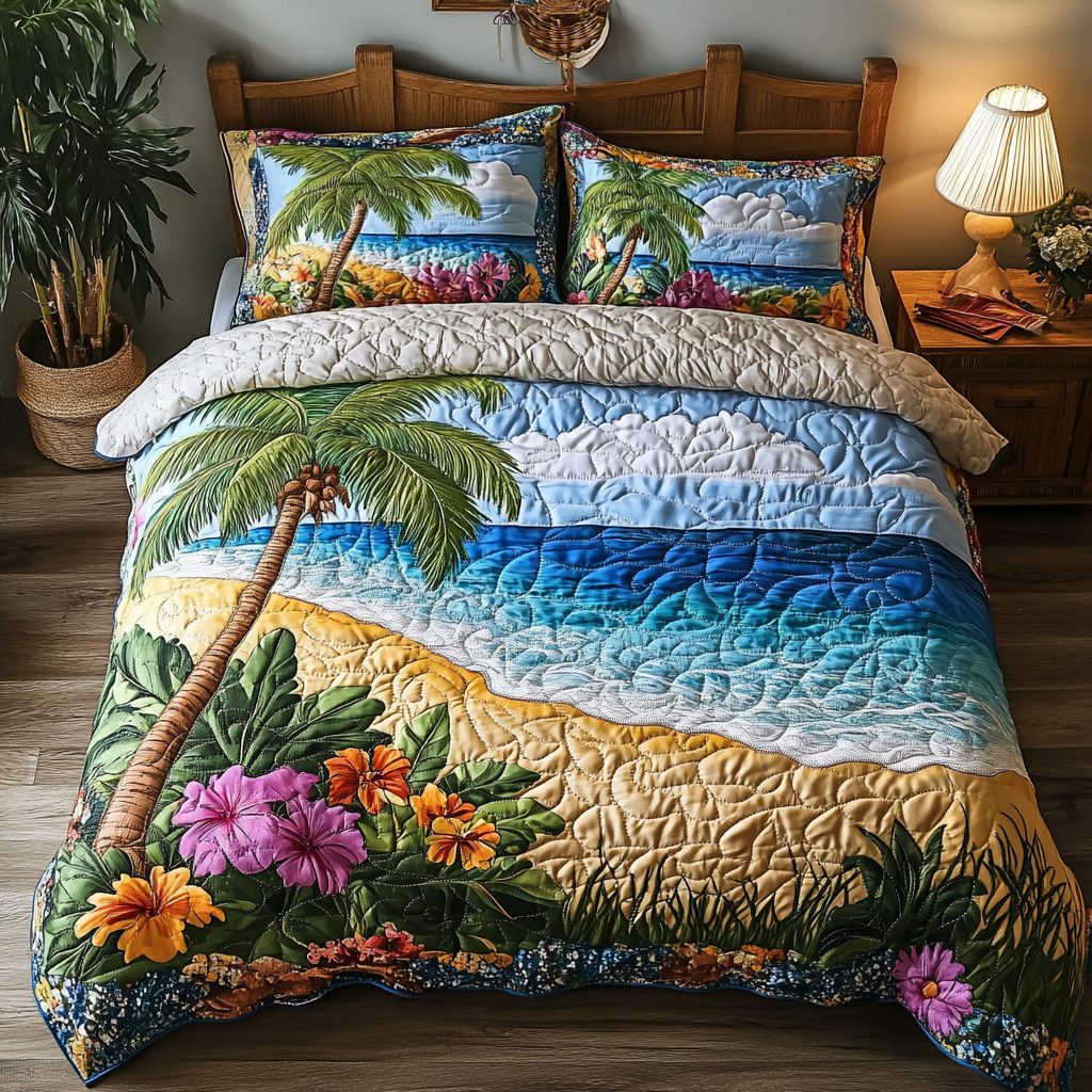 Island Escape quilted 3-piece bedding set on a made bed in a light coastal bedroom