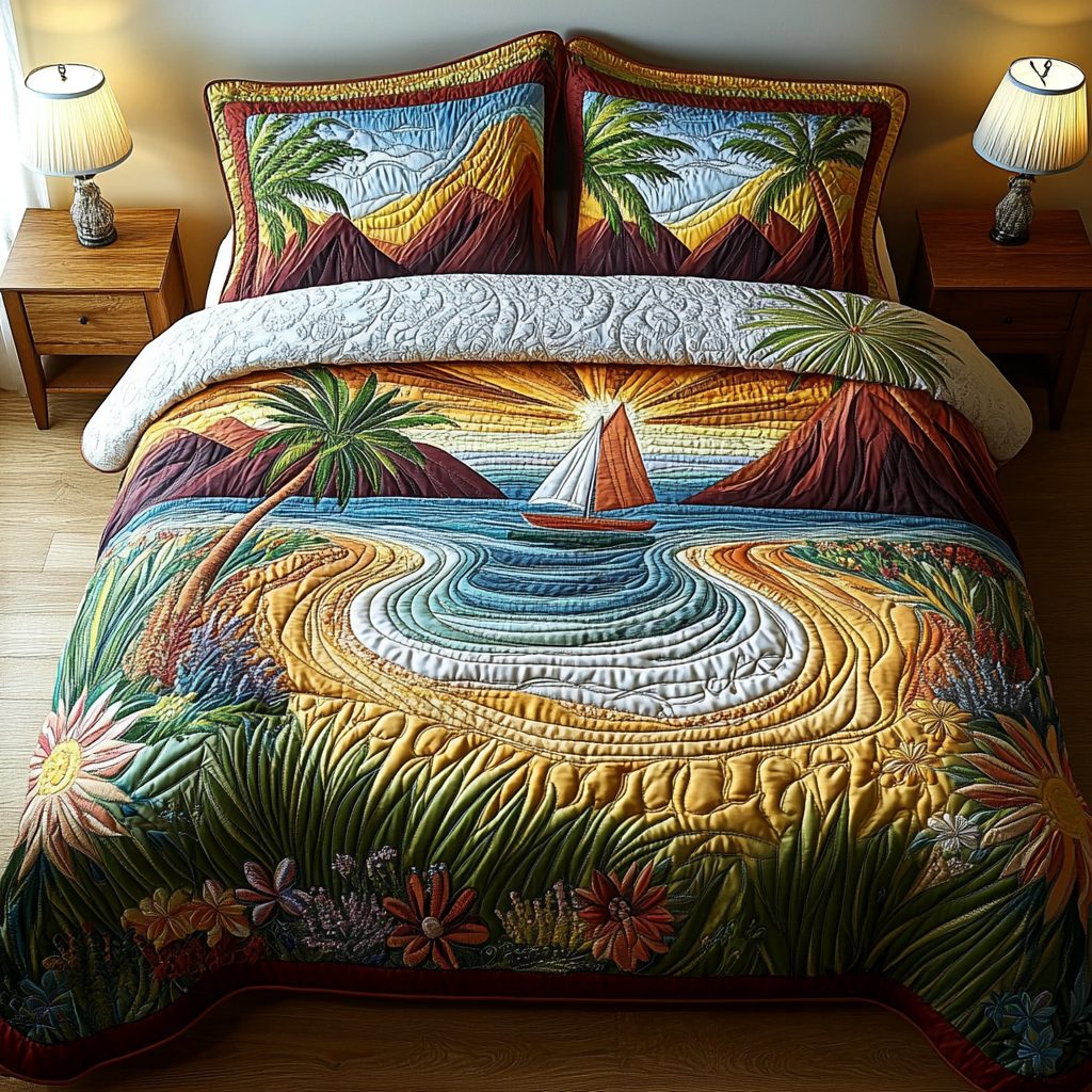 Island Escape quilted 3-piece bedding set on a made bed in a light coastal bedroom