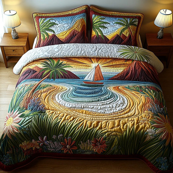 Island Escape quilted 3-piece bedding set on a made bed in a light coastal bedroom