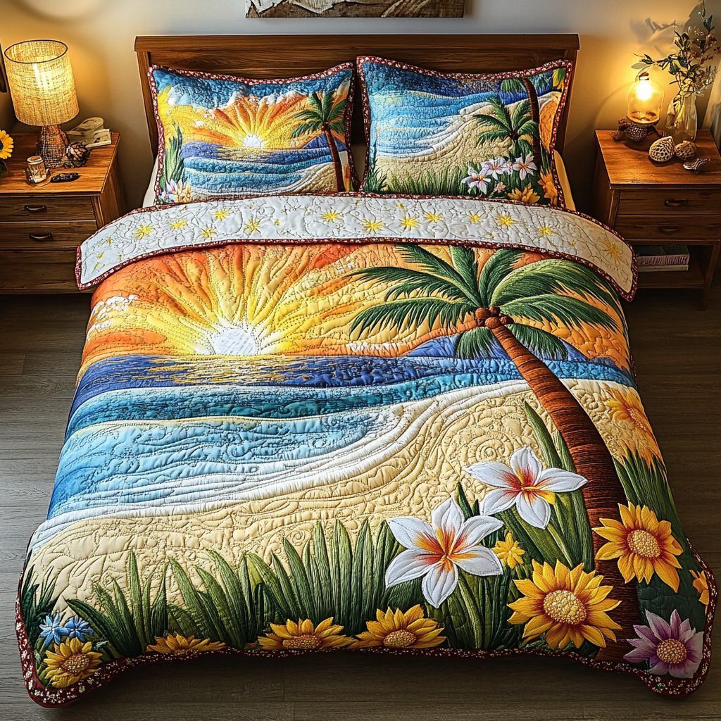 Island Escape quilted 3-piece bedding set on a made bed in a light coastal bedroom